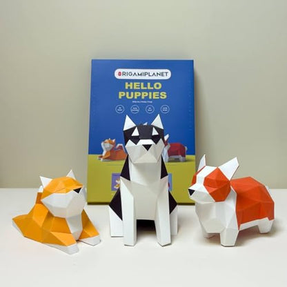 Hello Puppies 3D Origami Paper Craft Gift Set- 3 pcs, Husky/Corgi/Shiba Inu Pre-Cut Origami Kit, Cute Animal Paper Sculpture for Teens & Adults, Home Decor DIY Art Gift for Birthday - Image 5