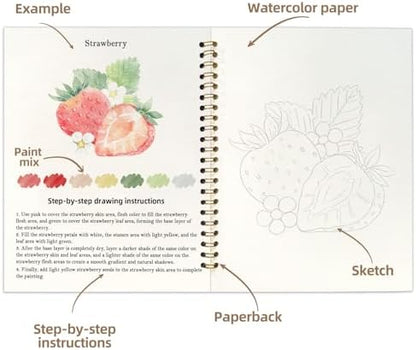 Watercolor Workbook, Water Coloring Book, 12 Different Patterns of Original DIY Designs, 18 Colors Watercolor Paint Set, Beginner-Friendly Watercolor Workbooks (Fruits), Perfect Gifts for Adults - Image 3