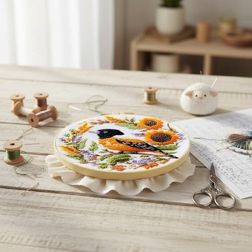 FRANDEK DIY Sunflower Bird Stamped Embroidery Kit with Hoop for Adults - Image 6