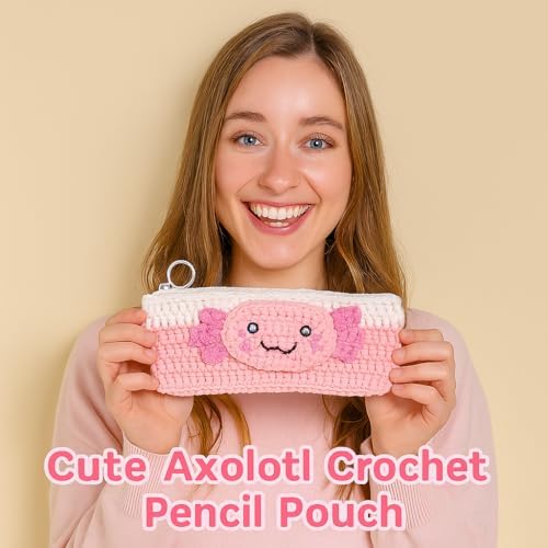 Axolotl Crochet Kit for Beginners, Learn to Crochet Pencil Bag Starter Set with Video Tutorial & Crocheting Manual, Easy Yarn Knitting Kit for Adult, DIY Amigurumi Birthday Xmas Gift Idea - Image 2