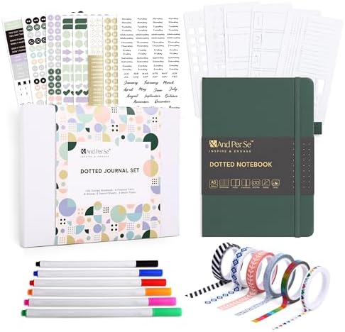 &And Per Se Dotted Journal Kit, A5 Hardcover Dot Grid Journal Notebook Set for Beginners with Journaling Supplies Stencils, Stickers, Washi Tapes & Colored Pens Accessories (Green) by AndPerSe