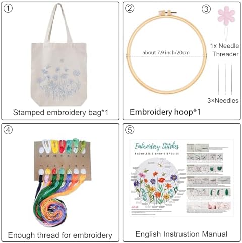 Louise Maelys Bee and Flowers Embroidery Kit for Beginners Canvas Tote Bag - Image 2