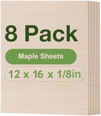 Rowood 8 Pack Maple Plywood 1/8,12x16x1/8inch,3mm Wood Sheets Thin Unfinished Maple Plywood for Laser Cutting and Engraving,DIY Adult Craft Project Kits for Ornaments, Models Drawing,Wood Burning by RowoodAssembleArtDecorateLife