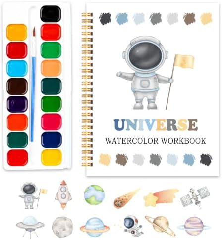 Universe Watercolor Workbook, Easy Water Coloring Book, 12 Patterns, 18 Colors Watercolors Paint Set, Explore Space Watercolor Kit for Beginners, Fun Family Art Activity, Gift for Teen by SHLINCO