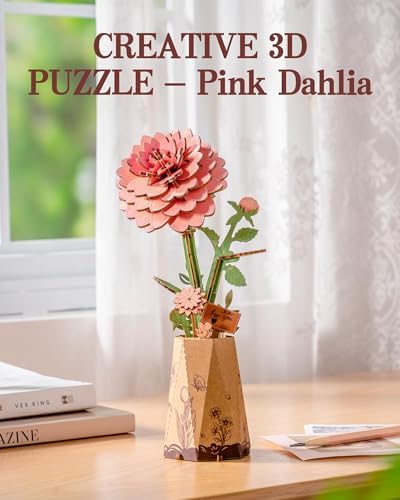 ROBOTIME Pink Dahlia 3D Wooden Puzzle - DIY Flower Craft Kit for Adults, Buildable Artificial Dahlia Model, Valentine's Day Gift for Her, Home Office Decor, Birthday Mother's Day Present - Image 4