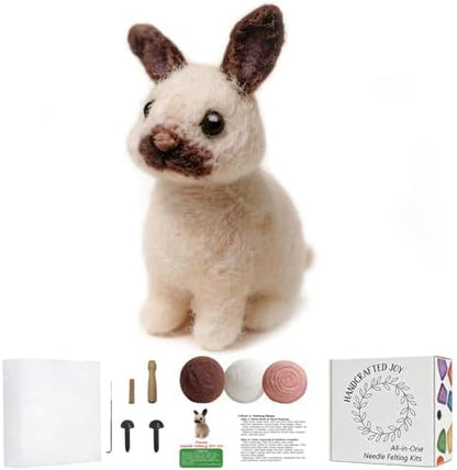 DIY Needle Felting Kit Realistic Cream Rabbit Dark Brown Markings – Needle Felting Starter Kit with Fiber Roving, Needles, Felting Pad & Instructions | Felted Rabbit Kit for Beginners Adults by FaceNFace