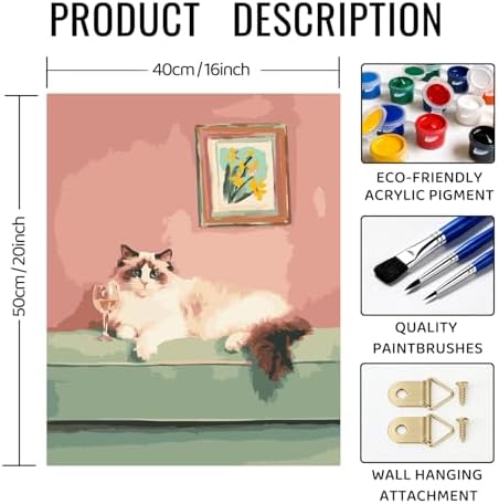 bitCNY Paint by Numbers for Adults, Ragdoll Cat with Wine Glass DIY Acrylic Painting Kit, Cute Pet Paint by Number Canvas Art for Home Decor, Beginner Friendly Painting Set, 16x20 Inch - Image 2