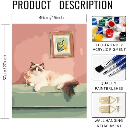 bitCNY Paint by Numbers for Adults, Ragdoll Cat with Wine Glass DIY Acrylic Painting Kit, Cute Pet Paint by Number Canvas Art for Home Decor, Beginner Friendly Painting Set, 16x20 Inch - Image 2