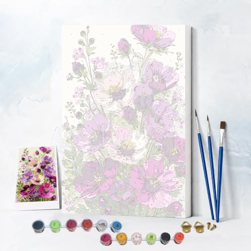 NXIKYO Framed Pink Flowers Paint by Numbers Kit for Adults Beginner, Purple Bouquet Easy Paint by Numbers Canvas with Frame, DIY Painting Kit for Relaxing Home Wall Decor Gift 8x12 Inch - Image 2