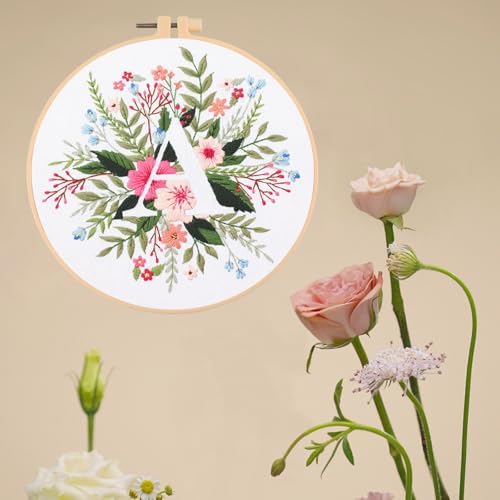 IUHUI Embroidery Kit for Beginners Adults - 26 Floral Letters Easy Patterns, DIY Hand Stitching Embroidery Set with Hoop (Flower and Grass Letter A) - Image 3