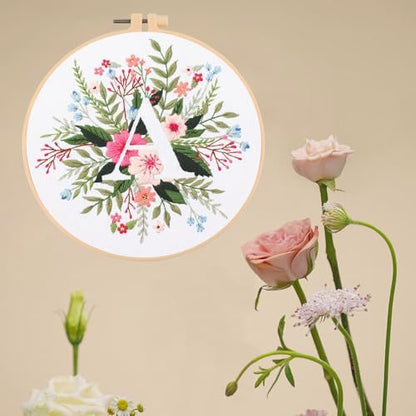 IUHUI Embroidery Kit for Beginners Adults - 26 Floral Letters Easy Patterns, DIY Hand Stitching Embroidery Set with Hoop (Flower and Grass Letter A) - Image 3