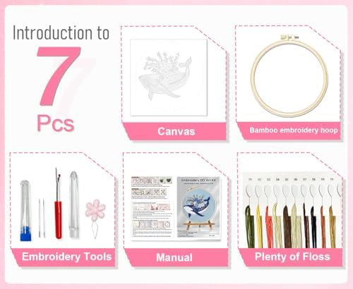 Huacan Embroidery Kit for Beginners Adults Includes Stamped Bee and Dolphin Pattern, Hoop, Color Threads,Tools,Easy to Follow Instruction - Image 2