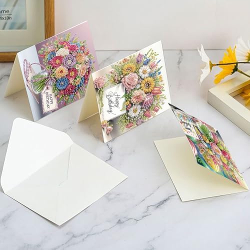 6 Pcs 5D DIY Diamond Painting Greeting Card Kit Bouquet, Diamond Art Christmas Birthday Holiday Greeting Card, Art Crafts Kit Creative with Envelope - Image 3