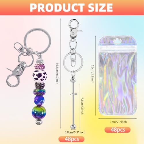 96 Pcs Beadable Keychains Bars bulk - 48 Multicolor DIY Metal Beaded Keychain Making Kit + 48 Bags Included, Bead Keychain Supplies,Blank Key Chain, Perfect for Women, Men, Mother's Day, Birthday Gift - Image 2