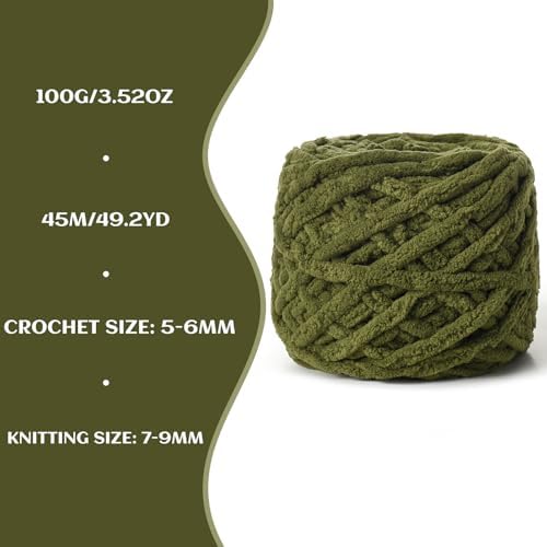 Plush Chenille Chunky Yarn 100g (49.2yd) - Fluffy Velvet Yarn Crochet for Blanket Knitting and Crocheting - Baby Yarns for Crocheting Soft - Amigurumi Yarns (Army Green) - Image 3