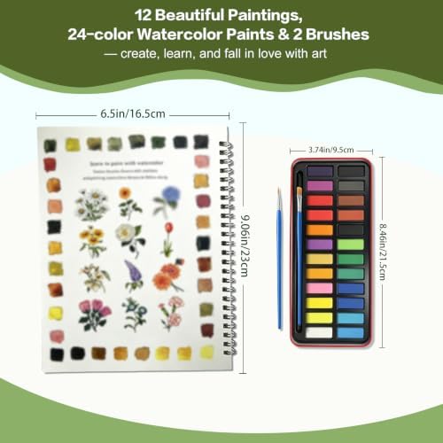 Watercolor Workbook, Water Coloring Book with 12 Different Flowers Designs, 24 Colors Watercolor Paint Set for Beginners Adults - Image 5