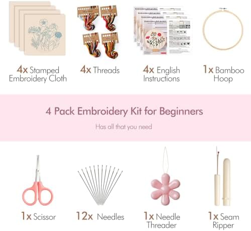 Embroidery Kit, 4 Pack Embroidery Kit for Beginners with Flower Pattern - Image 4