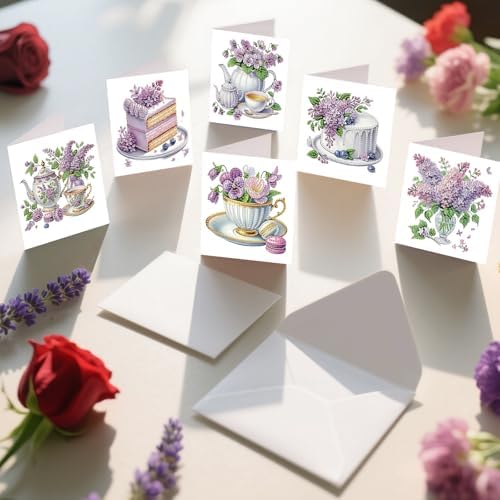 6pcs Diamond Painting Greeting Card with envelopes, DIY Afternoon Tea with Lavender Diamond Art Greeting Card for Blessing and Wish Special Shaped Arts Crafts for Christmas Birthday Thanksgiving Day - Image 5