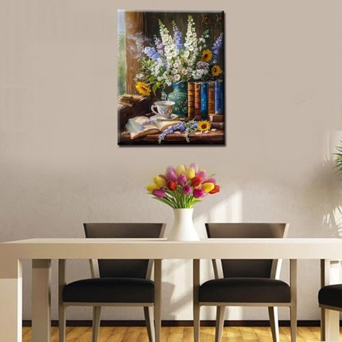 Book Theme Paint by Numbers Kits for Adult Still Life Pictures Paint by Numbers Kits on Colored Canvas,Book Oil Painting Art Set for Beginner Gift Home Decor DIY Framed 16x20 Inch - Image 3