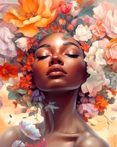 Clendo DIY African Woman Paint by Numbers for Adults Canvas, Flowers and Girl Paint by Number Kits on Canvas - Oil Painting Kits Arts and Crafts for Home Decor 16x20 inch(Without Frame) by Clendo