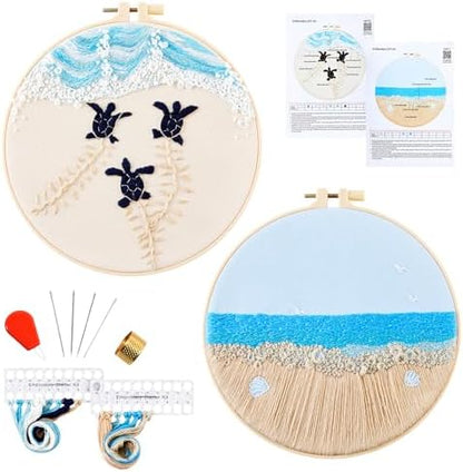 Embroidery Kit for Beginner Adults, Stamped Cross Stitch kits for Adults Beginners, Ocean Hand Embroidery Starter Needlepoint Kit, 2 Set Embroidery Supplies, 2 Hoops (Attached Teaching Video QR Code) by Armindou
