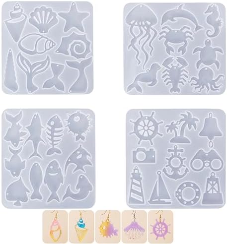 4 Piece Resin Earring Molds, Ocean Life Jewelry DIY Silicone Molds UV Resin Jellyfish Shell Starfish Earrings Keychain Lighthouse Ship Wheel Necklace Pendant Craft Supplies by Unknown