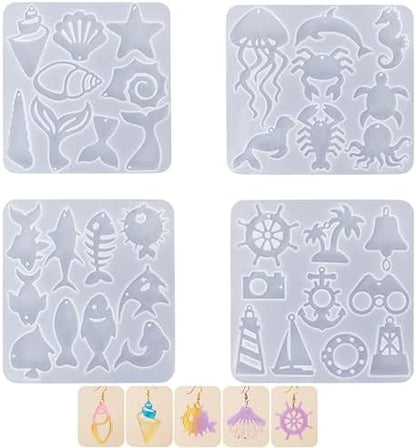 4 Piece Resin Earring Molds, Ocean Life Jewelry DIY Silicone Molds UV Resin Jellyfish Shell Starfish Earrings Keychain Lighthouse Ship Wheel Necklace Pendant Craft Supplies by Unknown
