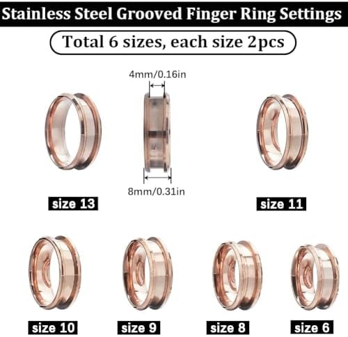 SUNNYCLUE 1 Box 12Pcs Stainless Steel Ring Blanks Grooved Finger Ring Blanks Settings Rose Gold US Size 7/8/9/10/11/12 Inlay Finger Rings Core Blank for Ring Jewelry Making Kits Women Men DIY Crafts - Image 2