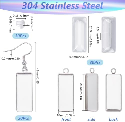 1 Box 90Pcs 30 Sets Earring Bezel Blanks Stainless Steel Earring Wire Hooks 10x25mm Rectangle Bezel Pendant Trays with Glass cabochons Silicone Backs for Jewelry Making DIY Dangle Charms - Image 2