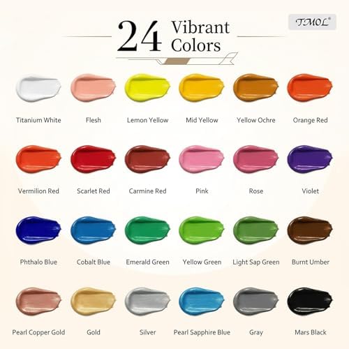 TMOL Acrylic Paint Set, 24 Colors (2 oz/Bottle) with 12 Art Brushes, Art Supplies for Painting Canvas, Wood, Ceramic & Fabric, Rich Pigments Lasting Quality for Beginners, Professional - Image 2