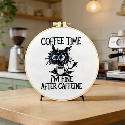 Cute Cat Embroidery Kits for Beginners Adults, Coffee Hand Embroidery Starter Kit, Stamped Cross Stitch Kits for Beginners Adult Craft Kit for Women, Entire Set of Embroidery Supplies & Video Tutorial - Image 2