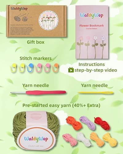 WaldyWop Crochet Kit for Beginners: 8 Flower Bookmarks Knitting Kit w/Video - Image 2