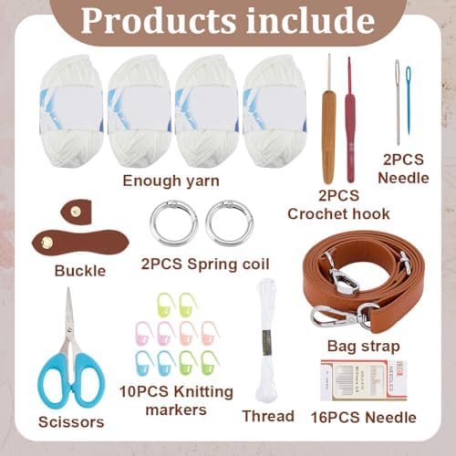 ACRNIGHEET Crochet Bag Kit for Beginners Adults Crochet Purse for Women DIY Tote Bag Making Kit with Step-by-Step Tutorials Knitting Supplies for Adults Crafts Boho Gift Idea (White) - Image 2