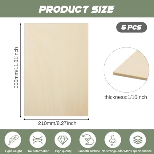 6 Pack Plywood Sheets, 8" x 11.8"x 1/16" Basswood Sheets - Image 2