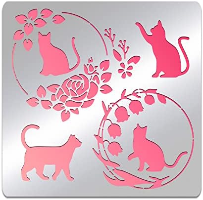 BENECREAT Cat Pattern Stainless Steel Painting Stencils, 6x6 inch Rose Wreath Bellflower Reusable Art Stencil Templates for Wood Burning, DIY Scrapbooking Photo Album by BENECREAT