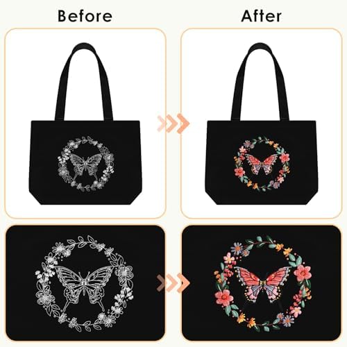 ERKOON Embroidery Canvas Tote Bag for Beginners, Floral Arts Crafts Cross Stitch Kits for Adults Including Stamped Embroidery Bag with Hoops, Needle, Instruction and Color Threads (Butterfly) - Image 4