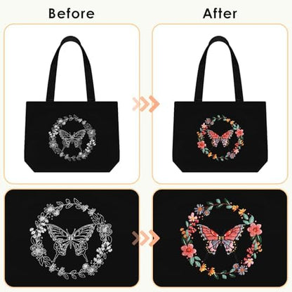 ERKOON Embroidery Canvas Tote Bag for Beginners, Floral Arts Crafts Cross Stitch Kits for Adults Including Stamped Embroidery Bag with Hoops, Needle, Instruction and Color Threads (Butterfly) - Image 4
