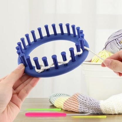 Round Knitting Looms Set, Plastic Loom Knitting Set with Crochet and Plastic Needle, Scarf Hats Making Tools, DIY Crocheting Handmade Craft Kit for Beginners and Knittings Lover (Blue, 5.5inch) - Image 4