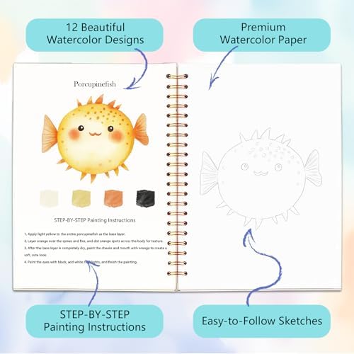 Easy Watercolor Workbook for Beginners - 12 Beautiful Step-by-Step Paintings Water Coloring Book, Includes 18 Colors Paints, Relaxing Art Projects and Creative Gift for Adults & Teen (Marine Animals) - Image 3