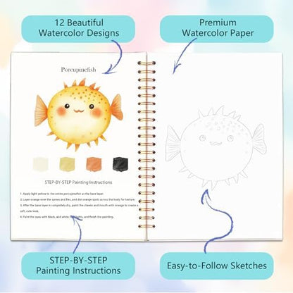 Easy Watercolor Workbook for Beginners - 12 Beautiful Step-by-Step Paintings Water Coloring Book, Includes 18 Colors Paints, Relaxing Art Projects and Creative Gift for Adults & Teen (Marine Animals) - Image 3