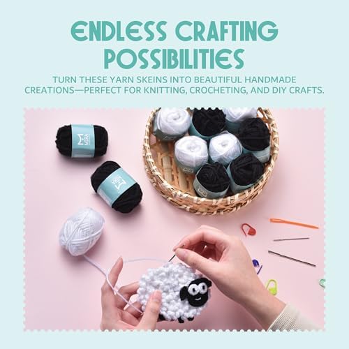 Mira Handcrafts Crochet Set for Beginners – 264 Yards Soft, Premium Acrylic Yarn for Crocheting – 12 Black and White 10g Skeins – Strong, Lightweight Yarn for Knitting and DIY Crafts for Kids & Adults - Image 6