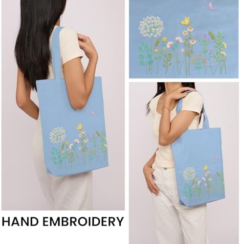 CREAWONDER Canvas Tote Bag Embroidery Kit with Pattern for Beginners, Arts and DIY Embroidery Crafts Kits for Adults, Include Instructions, Embroidery Hoops, Color Threads and Tool - Image 2