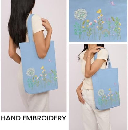 CREAWONDER Canvas Tote Bag Embroidery Kit with Pattern for Beginners, Arts and DIY Embroidery Crafts Kits for Adults, Include Instructions, Embroidery Hoops, Color Threads and Tool - Image 2