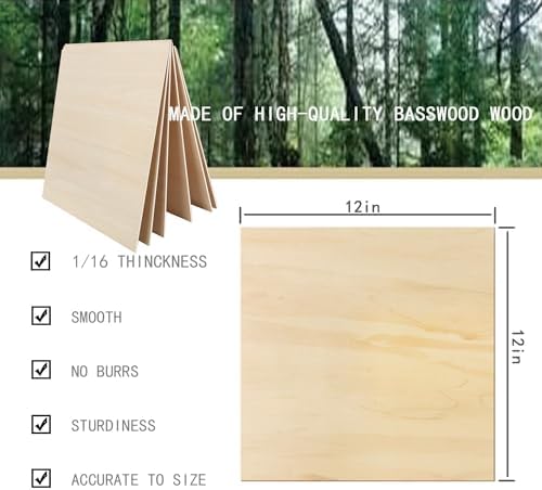 Unfinished Wood Pieces,15 Pack Basswood Sheets 1/16,Basswood Plywood Wood Sheets for Crafts,Perfect for Painting, Drawing, Laser, Engraving, Burning and CNC Cutting (12 x 12 inch - 1.5mm) - Image 2