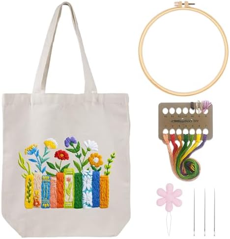 Louise Maelys Book and Flowers Embroidery Kit Canvas Tote Bag for Beginners by LouiseMaelys