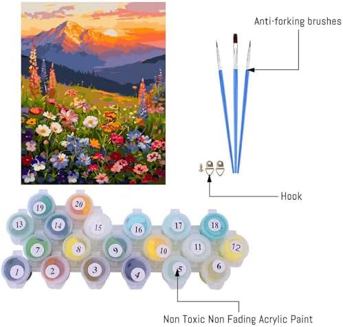 Clendo Landscape Paint by Numbers Kit for Adults Beginner, Flower Mountain Adult Paint by Number Kits on Canvas, Sunset Oil Painting Kit for Beginners Gift Home Wall Decor 16x20 Inch - Image 2