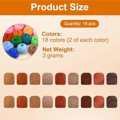 Ainiv 18 Pcs Needle Felting Wool, 9 Colors x 2 Packs Wool Roving, Brown - Image 2