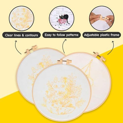 The ZenStore Embroidery Kit for Beginners – Black Cats & Kittens 3 Pattern Set – Complete DIY Needlepoint Kit with Hoops, Thread, Fabric, and Tools – Cute Animal Cat Embroidery Gift - Image 2