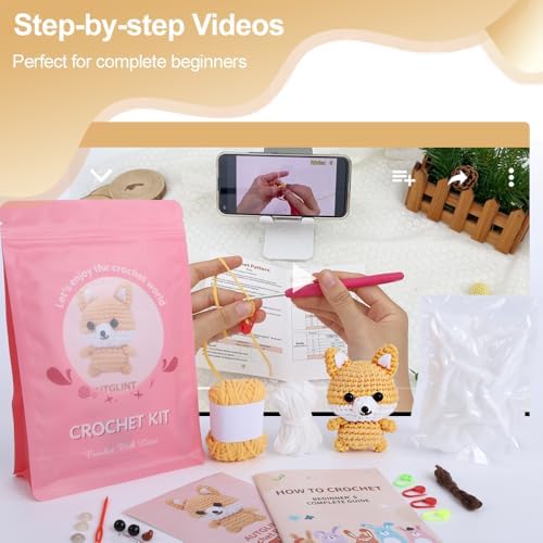 Autglint Fox Crochet Kit for Beginners, Amigurumi Animal DIY Knitting Kit with Step-by-Step Video Guides, Learn to Crochet Kit for Adults & Kids with Pre-Started Yarn - Orange Fox - Image 2