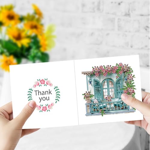 6 Pcs Window Terrace Sofa Flower Diamond Art Greeting Cards for Adults & Beginners, DIY Crystal Rhinestone Gem Art Painting Kit with Envelopes, Creative Craft Gift for Birthday Wishes Party Favors - Image 4